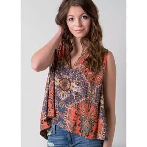 Free People Darcey Tank Top Magic Carpet Orange Printed Blouse V-neck Size Small